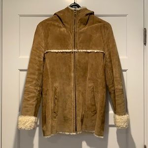 Brown suede coat with cream faux fur lining